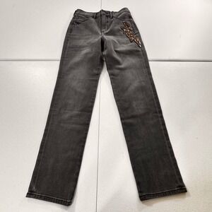 Express Womens Slim Super High Rise Grey Jeans Embellished Lightning Bolt Sz 2R